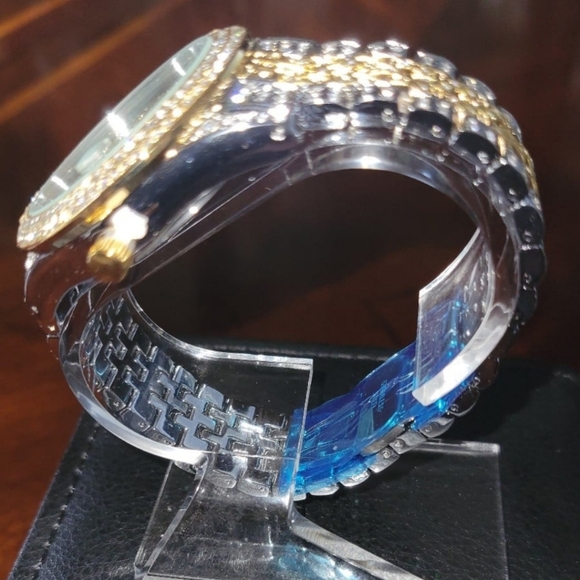 Mens Two Tone Full Ice Waterproof Arabic Numeral Bling Simulated Diamond Watch - Picture 8 of 12